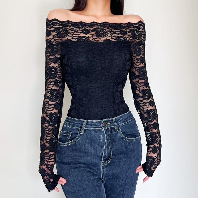 Off Shoulder Lace Bodysuit Long Sleeve