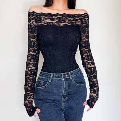 Off Shoulder Lace Bodysuit Long Sleeve