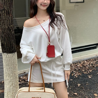 Off-Shoulder Solid Sweatshirt + Drawstring Waist Mini Pencil Skirt Ensemble
