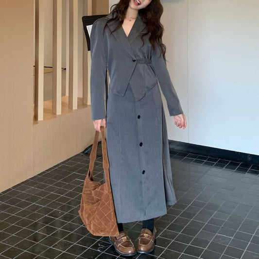 Notch Lapel Solid Single Button Wrap Blazer + High Rise Midi A-Line Skirt Set
