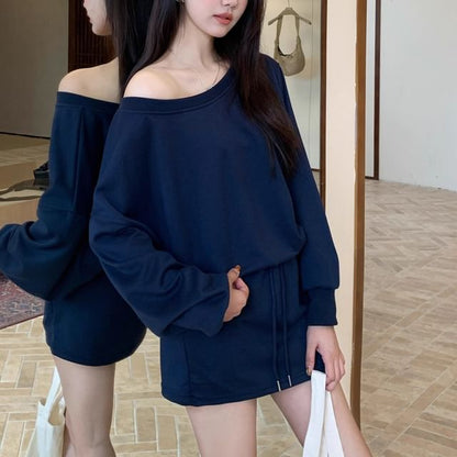 Off-Shoulder Solid Sweatshirt + Drawstring Waist Mini Pencil Skirt Ensemble