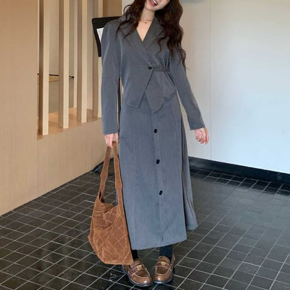 Notch Lapel Solid Single Button Wrap Blazer + High Rise Midi A-Line Skirt Set