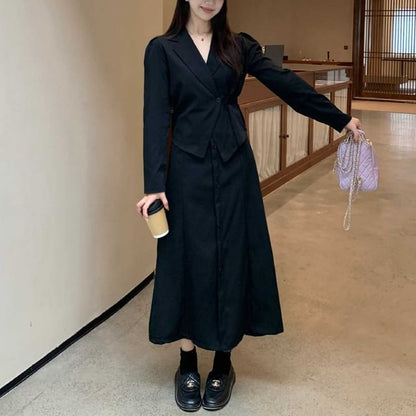 Notch Lapel Solid Single Button Wrap Blazer + High Rise Midi A-Line Skirt Set