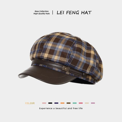 Plaid Panel Faux Leather Newsboy Cap