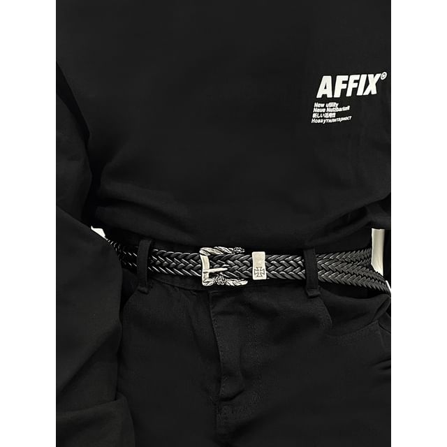 Engraved Buckle Braided Faux Leather Belt
