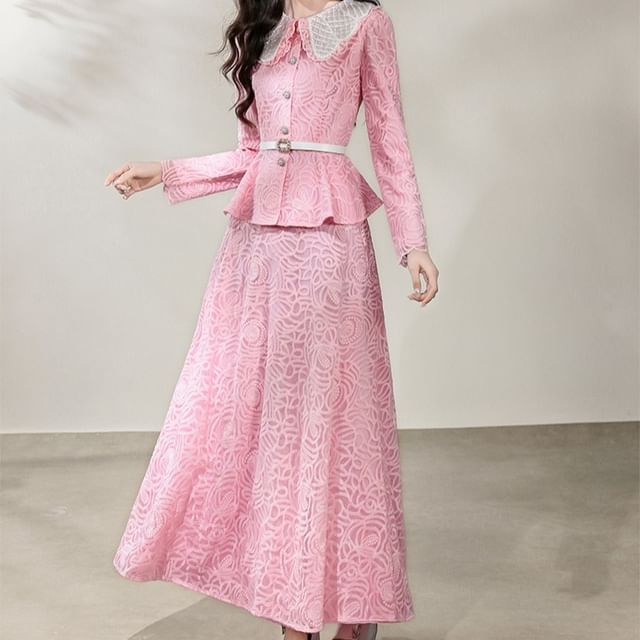 Peplum Lace Blouse & High Waist A-Line Skirt Set