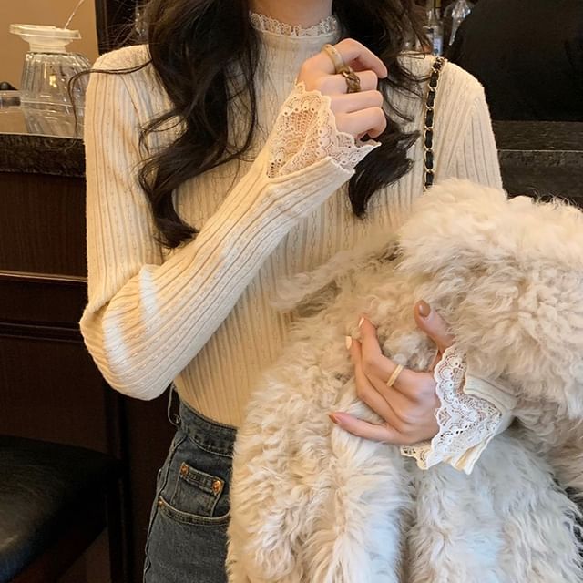 Mock Neck Lace Trim Ribbed Knit Long Sleeve Top
