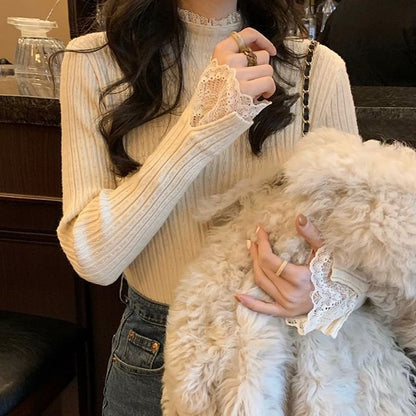 Mock Neck Lace Trim Ribbed Knit Long Sleeve Top