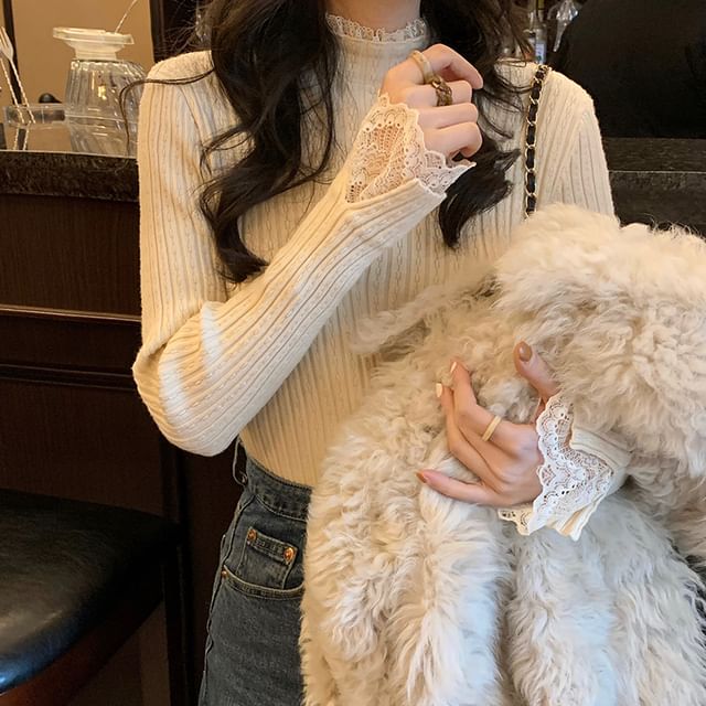 Mock Neck Lace Trim Ribbed Knit Long Sleeve Top