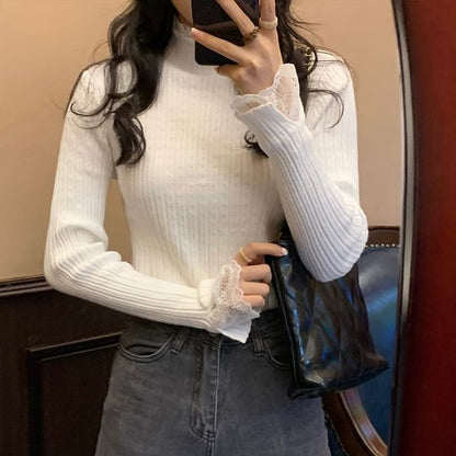 Mock Neck Lace Trim Ribbed Knit Long Sleeve Top