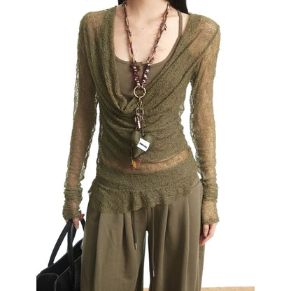 Cowl Neck See-Through Lace Slim Fit Top