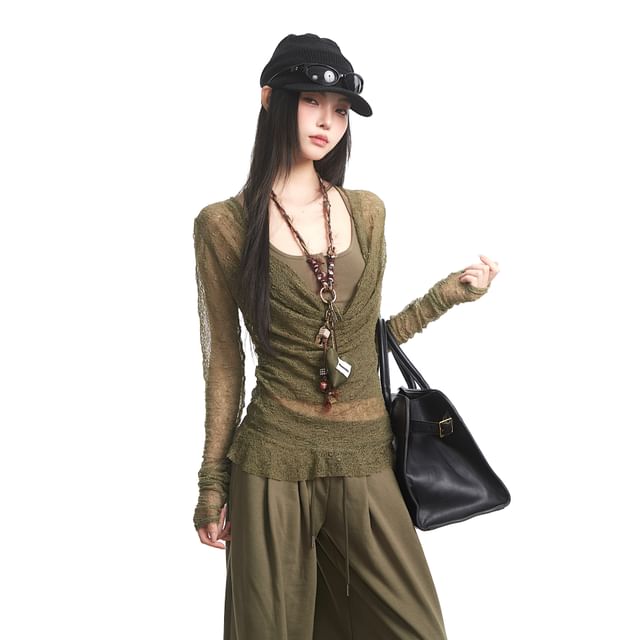 Cowl Neck See-Through Lace Slim Fit Top