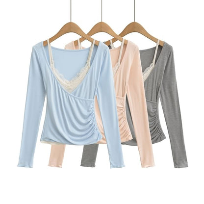 Lace Camisole & V-Neck Wrap T-Shirt Set