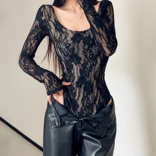 Scoop Neck Lace Bodysuit Long Sleeve