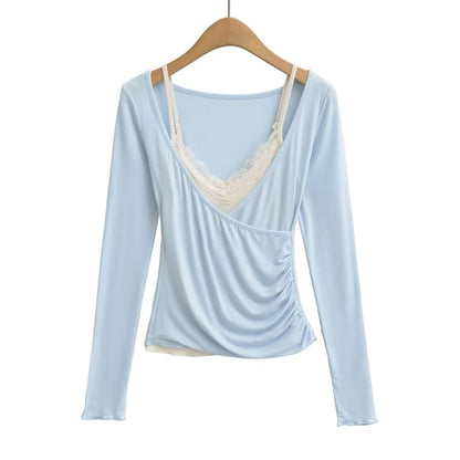 Lace Camisole & V-Neck Wrap T-Shirt Set