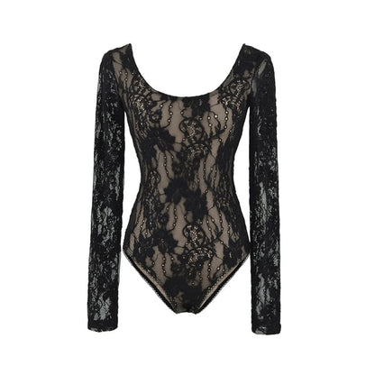 Scoop Neck Lace Bodysuit Long Sleeve