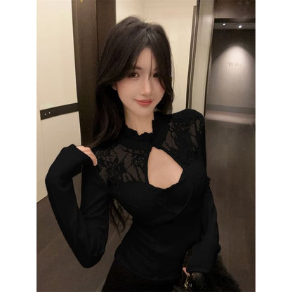 Mock Two-Piece Cutout Lace Panel Top