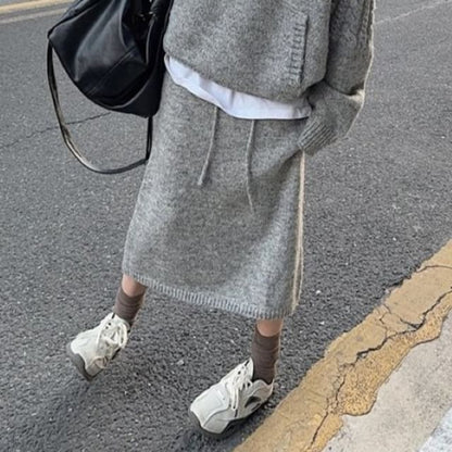 Toggle Cable Knit Hoodie & Drawstring Waist Midi Straight Skirt