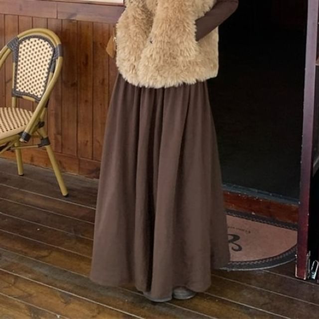 Round Neck Fluffy Button Vest, Long-Sleeve Tee & High Rise Maxi A-Line Skirt