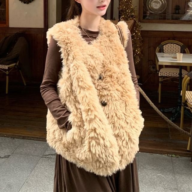 Round Neck Fluffy Button Vest, Long-Sleeve Tee & High Rise Maxi A-Line Skirt