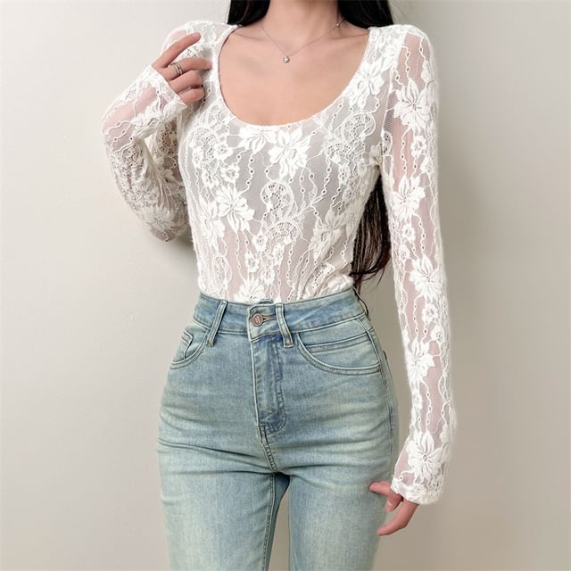 Scoop Neck Lace Overlay Bodysuit Top