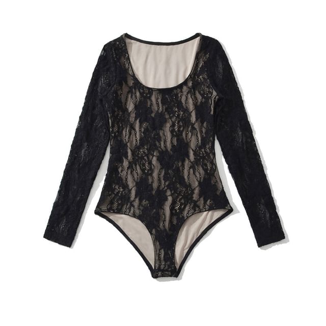 Scoop Neck Lace Overlay Bodysuit Top