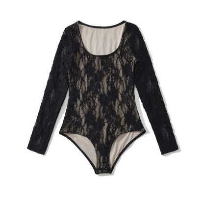 Scoop Neck Lace Overlay Bodysuit Top