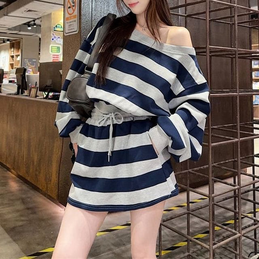 Off-Shoulder Striped Pullover + Mini Skirt Outfit