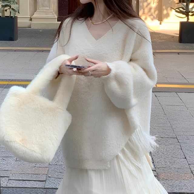 V-Neck Solid Asymmetrical Fringe Sweater / High Rise Mesh Midi Mermaid Skirt