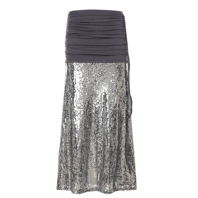 Ruched Sequin Panel Slit Maxi Pencil Skirt
