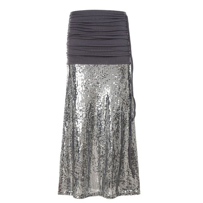 Ruched Sequin Panel Slit Maxi Pencil Skirt