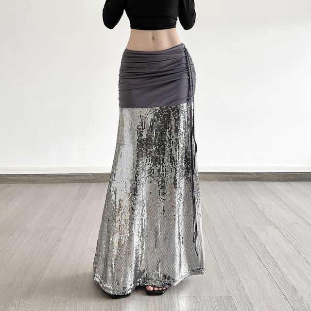 Ruched Sequin Panel Slit Maxi Pencil Skirt