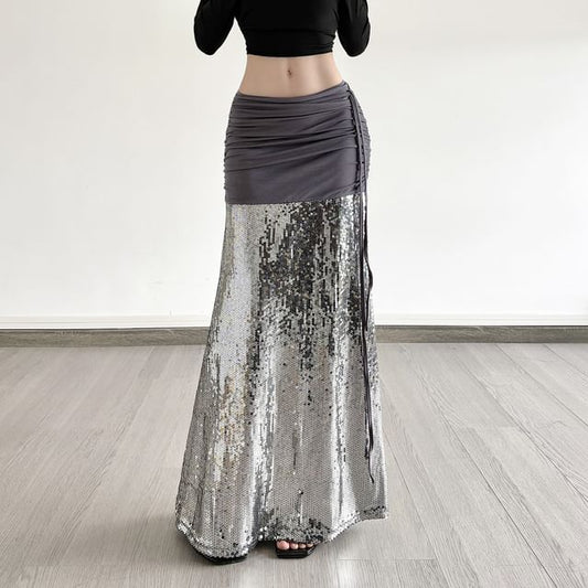 Ruched Sequin Panel Slit Maxi Pencil Skirt