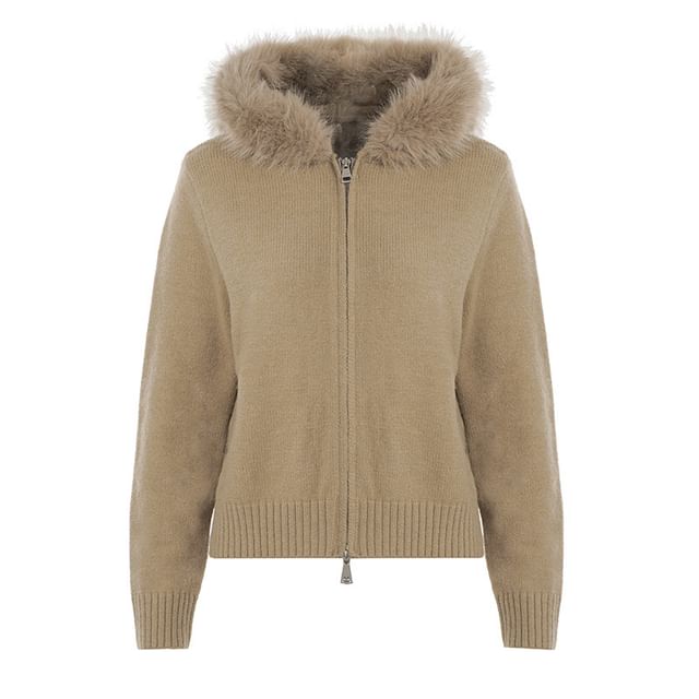 Plain Fluffy Trim Hooded Zip Cardigan