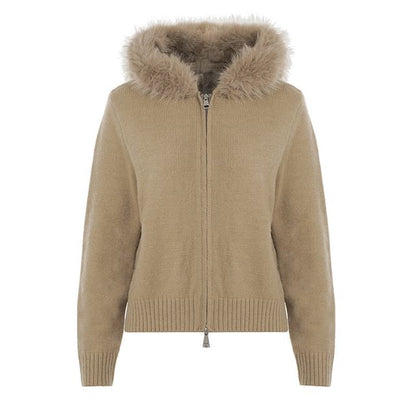 Plain Fluffy Trim Hooded Zip Cardigan