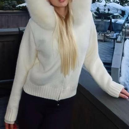 Plain Fluffy Trim Hooded Zip Cardigan