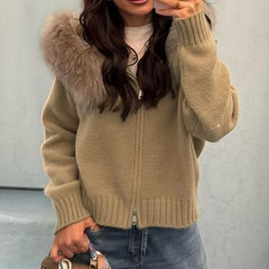 Plain Fluffy Trim Hooded Zip Cardigan