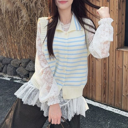 Lace Top & Collared Striped Sweater Vest