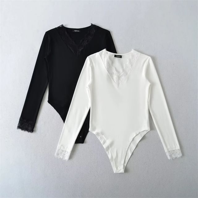 V-Neck Lace Trim Bodysuit Top