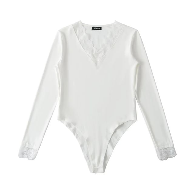 V-Neck Lace Trim Bodysuit Top