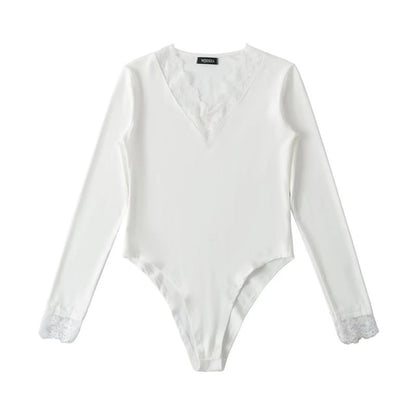 V-Neck Lace Trim Bodysuit Top