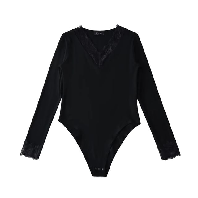 V-Neck Lace Trim Bodysuit Top