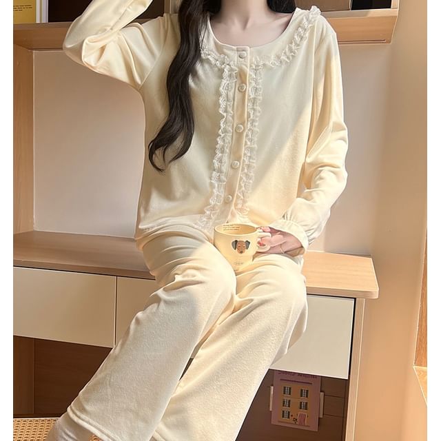 Lace Ruffle Button-Up Top & Pants Pajama Set