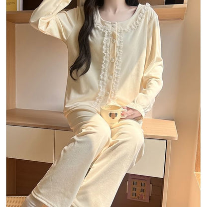 Lace Ruffle Button-Up Top & Pants Pajama Set