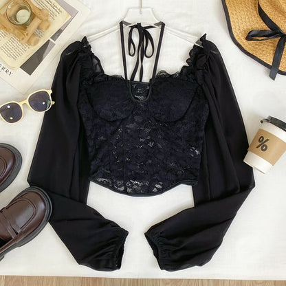 Square-Neck Puff Sleeve Lace Blouse - Chic