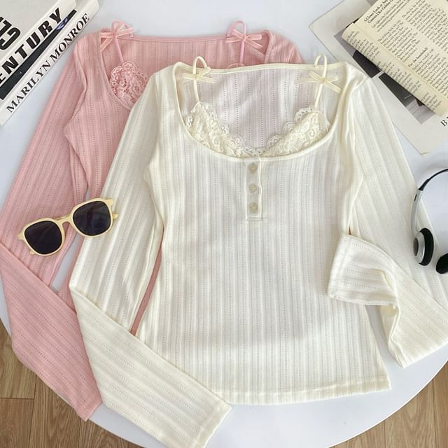 Long Sleeve Lace Trim Ribbed Henley Knit Two-Piece Top