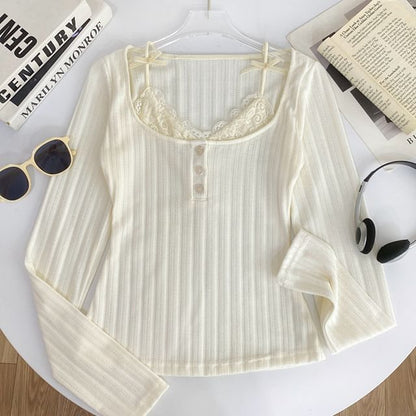 Long Sleeve Lace Trim Ribbed Henley Knit Two-Piece Top