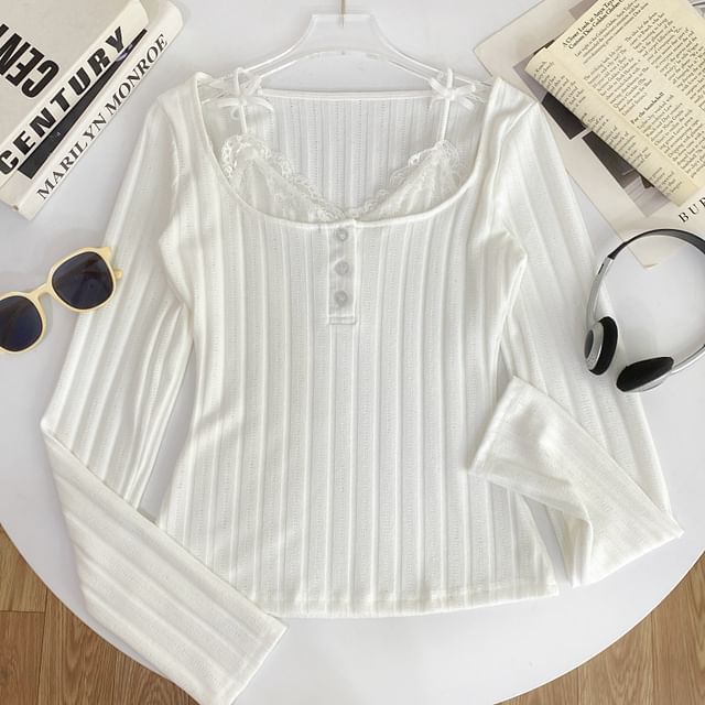 Long Sleeve Lace Trim Ribbed Henley Knit Two-Piece Top