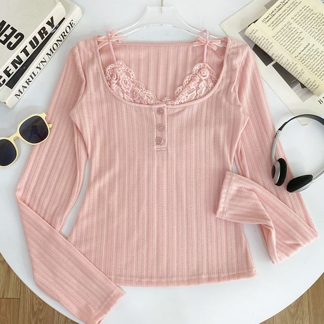 Long Sleeve Lace Trim Ribbed Henley Knit Two-Piece Top