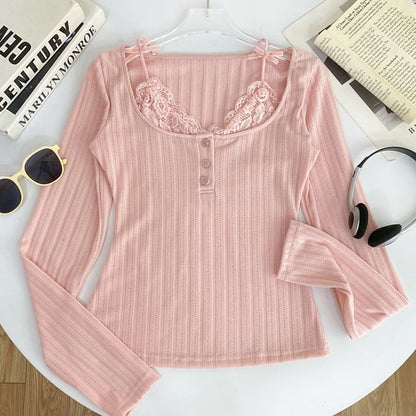 Long Sleeve Lace Trim Ribbed Henley Knit Two-Piece Top